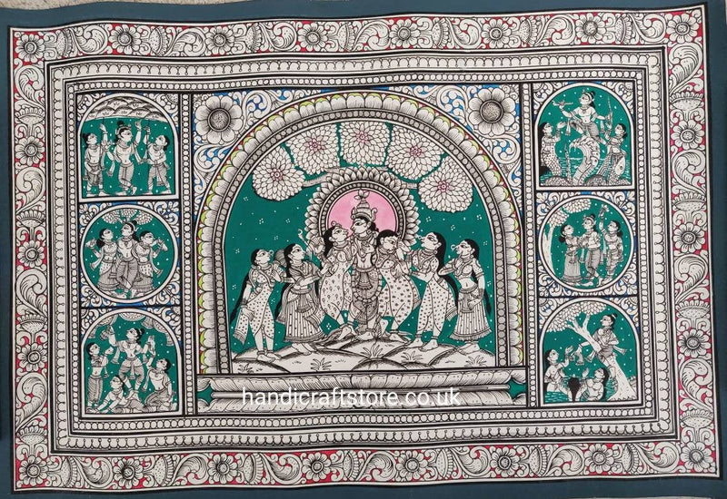 Indian Hand Made Pattachitra Painting on Tussar Silk Cloth Unframed Famous Indian Tradional Art - Krisna Katha