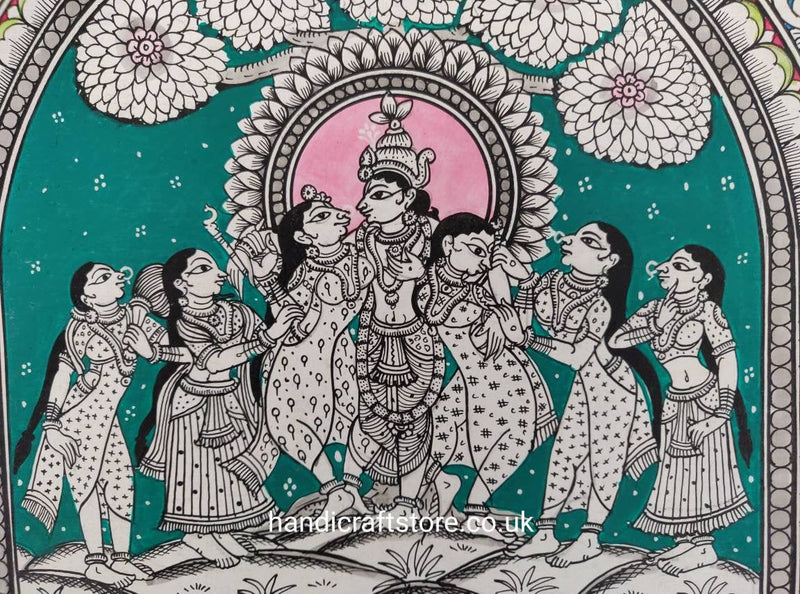 Indian Hand Made Pattachitra Painting on Tussar Silk Cloth Unframed Famous Indian Tradional Art - Krisna Katha